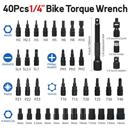 40-Piece 1/4-Inch Drive Electronic Torque Wrench Set, 1-22 Ft.lb (1.5-30 N.m), with Buzzer & LED Indicator, Bits & Sockets for Bicycle, Motorcycle, Lug Nut Maintenance - size: 1/4" 40pcs-Bike 1.5-30N.m/1-22Ft.lb