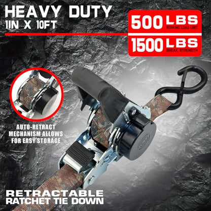 2-Pack Retractable Ratchet Tie Down Straps, 1" x 10ft with Soft Loops & S-Hooks, 1500lbs Break Strength Self-Retracting Cargo Straps for Truck, Trailer, Motorcycle, ATV, Kayak (Camouflage) - size: 2PK- 1500lbs-Camouflage