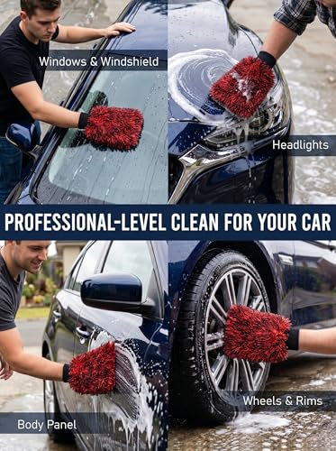 TAKAVU Car Wash Mitt Scratch Free, 2 Pack Microfiber Wash Mitts for Auto Detailing, Soft Lint Free Cleaning Gloves, Holds Sudsy Water, Machine Washable (Red & Black) - color: Red