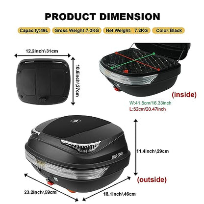 Universal Motorcycle Rear Top Box Tail Trunk Luggage Case,49 Litre Hard Case with Mounting Hardware, Black - size: 49L without LED