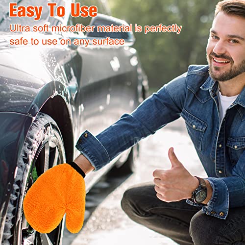 Remerry 6 Pcs Microfiber Mitts with Thumb for Cars Paint Wash Gloves Terry Weave Dusting Mitts - color: Orange