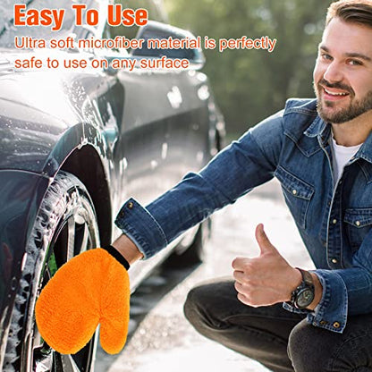 Remerry 6 Pcs Microfiber Mitts with Thumb for Cars Paint Wash Gloves Terry Weave Dusting Mitts - color: Orange