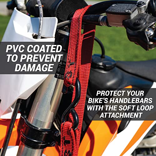 AEROFAST Loadfast Ratchet Tie Down Straps for Motorcycles | 1.5" x 8" Heavy Duty Dirt Bike Tie Down Straps with Soft Loop & Safety Carabiner | 2,600lbs (2 Pack) Red Color - color: Red