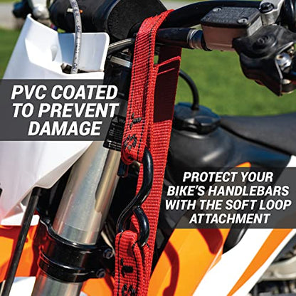 AEROFAST Loadfast Ratchet Tie Down Straps for Motorcycles | 1.5" x 8" Heavy Duty Dirt Bike Tie Down Straps with Soft Loop & Safety Carabiner | 2,600lbs (2 Pack) Red Color - color: Red