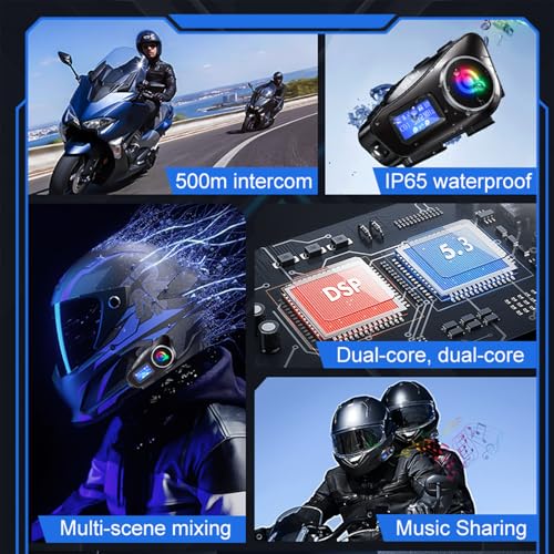 Motorcycle Bluetooth Headset with 500M Intercom, Dual BT5.3 Chip, IPX6 Waterproof, AI Voice Control, LCD Display, 300H Standby, 25H Talk Time, Compatible with Android/iOS Helmet Comm System