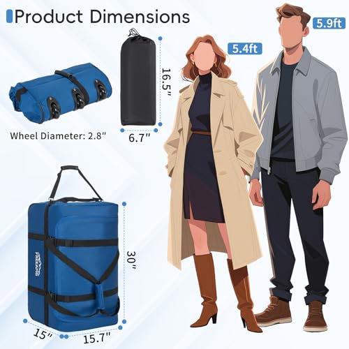 120L Foldable Rolling Duffel Bag with 3 Wheels And Handle, 30 inch Large Travel Duffle Bag for Travel, Camping, Outdoors - color: Blue