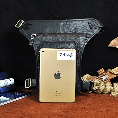 Le'aokuu Mens Genuine Leather Motorcycle Tactic Belt Waist Pack Drop Leg Cross Over Bag - color: X3111 Black