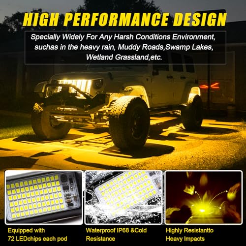 Nicoko 4Pods Pure Yellow 72 LEDs SMD Chips 72w High Power Rock Lights Super Bright Yellow Offroad Car Boat Underglow Lights IP68 Waterproof for Truck SUV UTV ATV RZR - size: Pure yellow rock lights - 4 pack