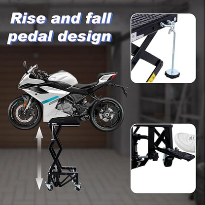 Hydraulic Motorcycle Scissor Jack Lift with Foot Step Lever and 4 Wheels, Adjustable Height from 13.5" to 36.2", 300 lbs Capacity, Lift Table for Dirt Bikes, ATVs, Motorcycles, Snowmobiles (Black)