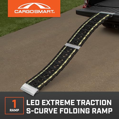CargoSmart LED Hybrid S-Curve Centerfold Loading Ramp, 1 Pack — 1,500lb Per Pair Capacity, 12” W x 90” L — Aluminum Ramp with Built-in LED Lights, Load/Unload Lawn Equipment, Motorcycles, ATVs & More - style: 1 Folding S-Curve Ramp & LED Lights