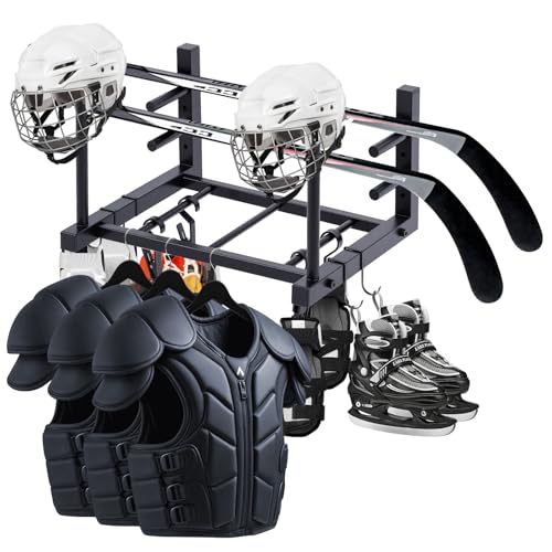 18.1 x 14.2 x 11.2 Inches Hockey Gear Drying Rack Wall Mount Ice Hockey Stick Holder with 4 Hooks and 4 Clips Metal Equipment Dryer Display Storage Organizer for Lacrosse