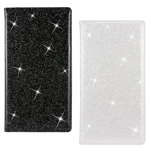 Car Registration and Insurance Holder, 2 Pack Glitter Leather Vehicle Glove Box Organizer with Magnetic Shut for Document, Cards, Driver License, Black and Silver Bundle