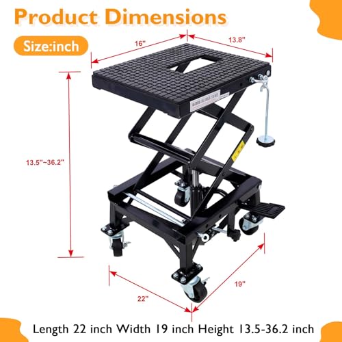 Hydraulic Motorcycle Lift Table, 350 lbs Capacity Scissor Jack Lift with Wide Deck, J-Hooks, 4 Wheels, Foot-Operated Jack Stand for ATV Dirt Bikes (Black) - color: Black