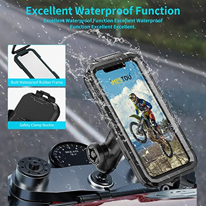 iMESTOU Waterproof Motorcycle Fork Stem Phone Mount Case 1" Ball Bike Phone Holder Anti-Theft with B Size Double Socket Arms Aluminum Ball Base for 5.5"-6.8" Cellphones (L)