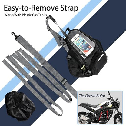 Motorcycle Tank Bag with Phone Holder, Magnetic & Strap Mount Motorcycle Tank Bag for Plastic/Metal Gas Tanks, Waterproof Touchscreen Tank Bag Fits Phones Under 6.3”, Riding Storage Bag