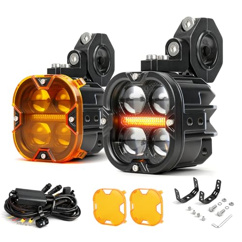 BraveWAY 3 Inch Motorcycle Driving Lights 120W LED Fog Lights with DRL 4 Strobe Modes Amber & White Beams LED Auxiliary Spotlights with Mount Brackets Wire Harness for Motorcycle ATV Night Riding UTV - size: 3INCH-4-H