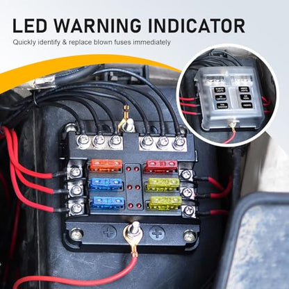 12 Volt Fuse Block, Waterproof 6 Way 12 Volt Fuse Box, ATO/ATC Marine Fuse Panel with LED Indicator Damp Proof Cover, Light Universal for Car Marine RV Truck