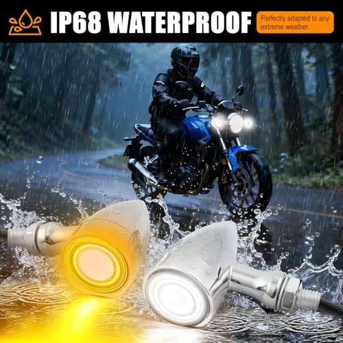 DREAMIZER Motorcycle Led Turn Signal Lights 2x, Bullet Blinker Motorcycle Front Turn Signal Light Compatible with Harley Honda Yamaha Kawasaki (Chrome/Yellow-White light) - color: B-Front/Chrome shell + yellow-white light