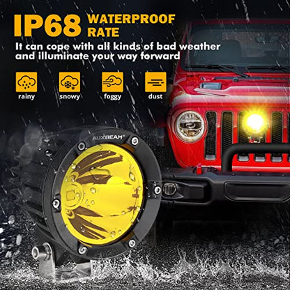 Auxbeam 4 Inch 72W Amber Fog Lights, 2PCS 7200LM LED Round Offroad Light Pods, Yellow Spot Beam Driving Off Road Work Light Bar with Wiring Harness Kit for Jeep Vehicle Pickup Trucks ATV UTV SUV - color: C4 Series-Yellow Spot Beam