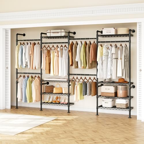 ONBRILL H4 Wall Mounted Closet System, Expandable Industrial Pipe Clothes Rack Clothing Rack for Hanging Clothes, Heavy Duty Closet Organizers and Storage in Wardrobe Closet - color: Black