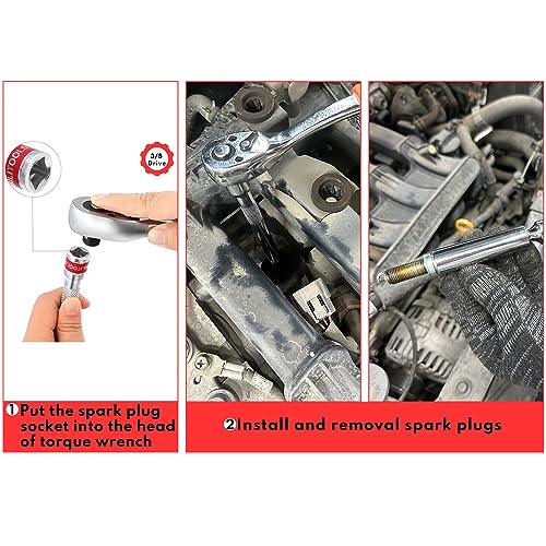 BILITOOLS 7 Piece Magnetic Swivel Spark Plug Socket Set with Gap Tool, 3/8-Inch Drive, 9/16'', 5/8'', 14mm, 16mm, 6 & 12 Point, CR-V