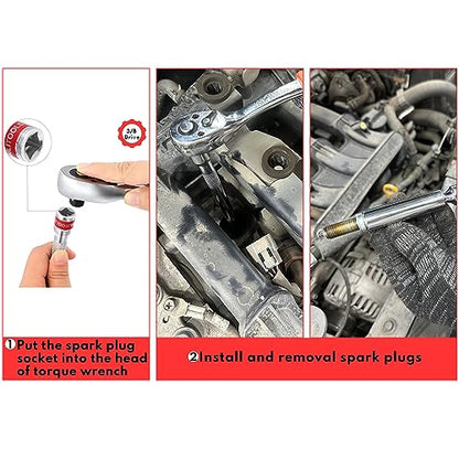 BILITOOLS 7 Piece Magnetic Swivel Spark Plug Socket Set with Gap Tool, 3/8-Inch Drive, 9/16'', 5/8'', 14mm, 16mm, 6 & 12 Point, CR-V