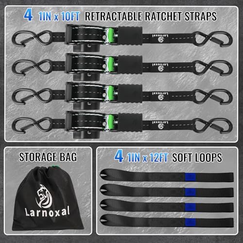 Retractable Ratchet Straps 4 Pack - 1,500 Lbs Break Strength 1 in x 10 Ft Heavy Duty Retractable Ratchet Tie Down Straps with S Hooks Set for Truck, Cargo Van, Trailer, Motorcycle (Black) - color: Black