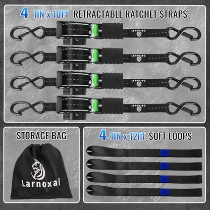 Retractable Ratchet Straps 4 Pack - 1,500 Lbs Break Strength 1 in x 10 Ft Heavy Duty Retractable Ratchet Tie Down Straps with S Hooks Set for Truck, Cargo Van, Trailer, Motorcycle (Black) - color: Black