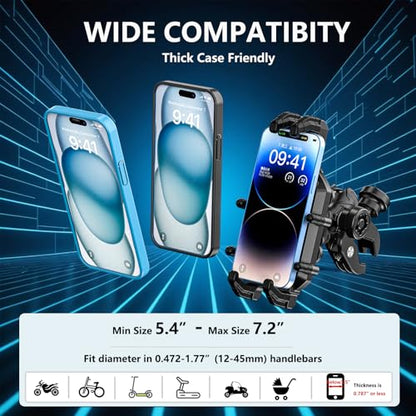 LOKTENWO Motorcycle Phone Mount with Vibration Dampener & High-Speed Secure Lock, Anti-Theft ATV Scooter Motorcycle Handlebar Phone Holder for 5.4” to 7.2” Smartphone