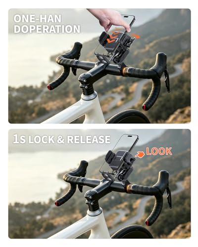 Delobon Motorcycle Phone Mount with Safety Lock, One-Hand Operation Bike Phone Holder for Electric Scooter/ATV/Bicycle Handlebar, for iPhone Samsung 4.7–7.0 in Smartphones (Sleek Black)