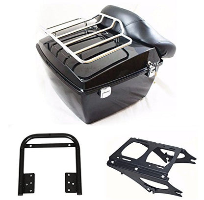 ECOTRIC King Luggage Trunk W/Backrest & Mount Rack Compatible with Harley Davidson Touring Model 2009-2013 Electra Glide/CVO/Road Glide/Road King/Street Glide Top Luggage Rack Carrier Set - color: Black, size: King Luggage Trunk W/ Backrest Pad & Luggage