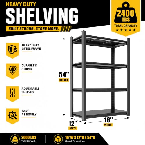 Metal Garage Shelving 4 Tier, Heavy Duty Garage Storage Shelves, Adjustable Steel Shelving Unit, Metal Storage Rack for Garage Pantry Kitchen Basement, Black, 16" W x 12" D x 54" H - size: 4TIER-16"W X 12"D X 54"H