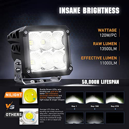 Nilight 2 PCS LED Pod Lights 120W 4 Inch Square 13500LM 120° Super Flood 14AWG DT Connector Wiring Harness Kit Offroad Driving Work Light for Truck UTV ATV SUV 4x4 - color: 6LED Flood Pod