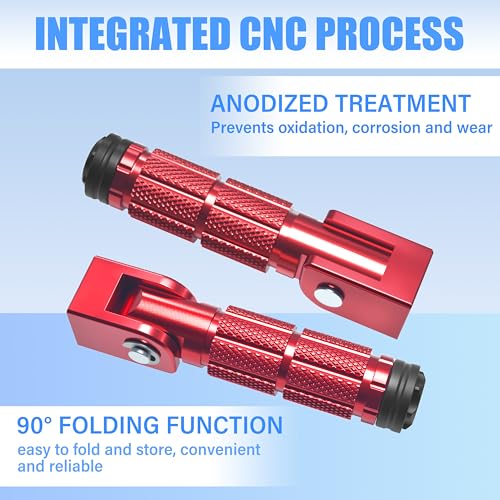 M8 Motorcycle Foot Pegs Folding Rearsets-90 Degree Foldable Footrest Fit 0.86-1.37in Brackets, Anti-Skid CNC Footpegs with Rubber Gasket for Pit Bike Dirt Bike Adventure Touring Bikes (Red) - color: Red