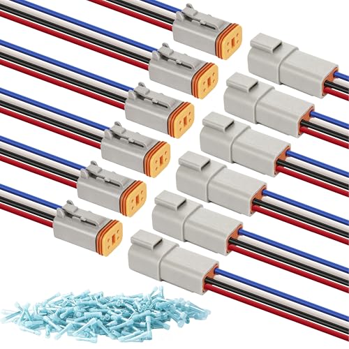 Deutsch DT 4 Pin Wiring Harness Connector 6 Kits, Deutsch Male Female 2 Wire Way Waterproof Automotive Electrical Connector 16 AWG with Heat Shrink Tubing for Car Truck Boat, grey - color: 6 Sets-Grey, size: 4Pin