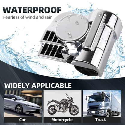 Motorcycle Air Horn Kit 12V 150db Super Loud Car Horn, with Air Compressor and Wiring Harness, Suitable for Any 12V Vehicle/Train/Truck/Motorbike/Boat/Pickup (silvery)