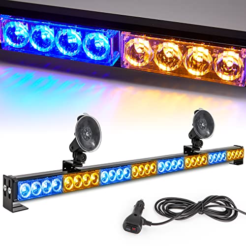 Amber/Blue Emergency Strobe Light Bar 36 In 13 Flash Patterns Traffic Advisor Warning Hazard Windshield Safety Lights Bar with Cigar Lighter for Police Vehicles, Truck (35.5 Inch, Yellow/Blue 32 Led) - color: Amber/Blue