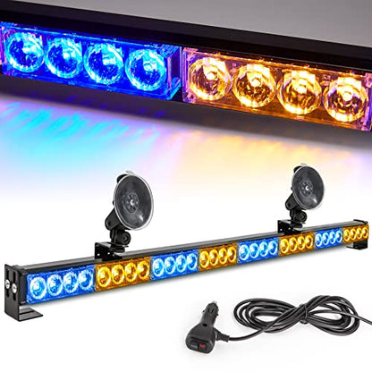 Amber/Blue Emergency Strobe Light Bar 36 In 13 Flash Patterns Traffic Advisor Warning Hazard Windshield Safety Lights Bar with Cigar Lighter for Police Vehicles, Truck (35.5 Inch, Yellow/Blue 32 Led) - color: Amber/Blue