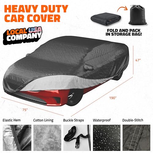 Mockins 190"x75"x47" Midsize Sedan Car Cover Waterproof All Weather Fit | Dual-Layer 250G PVC + Cotton Indoor & Outdoor Car Covers for Automobiles | Heavy Duty Full Exterior Covers with Strap & Bag - size: Sedan - Medium - 190" x 75" x 47"