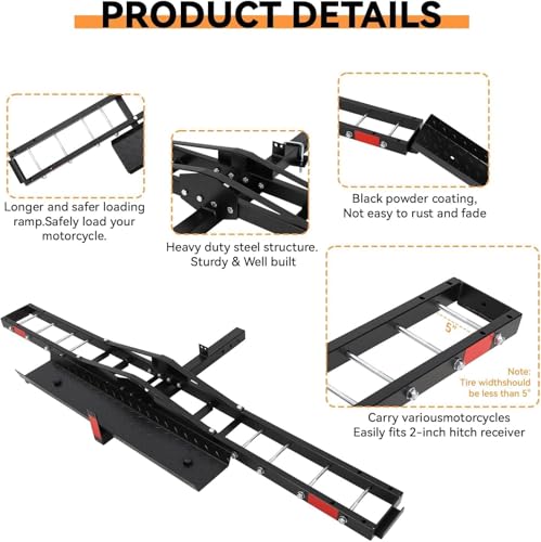 Heavy-Duty Steel Motorcycle Trailer Carrier with Loading Ramp, 600 Lbs Motorcycle Carrier Mount,Scooter Dirt Bike Trailer Hauler with Ratchet Straps and Stabilizer, for Car,Truck