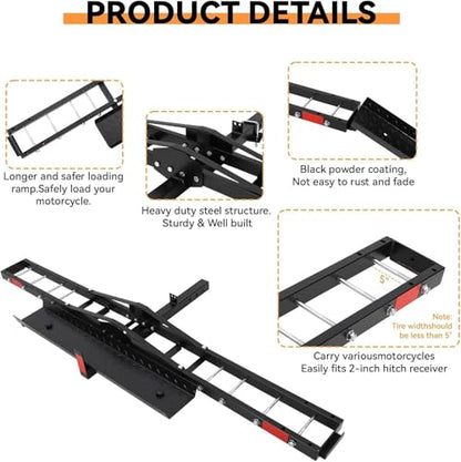 Heavy-Duty Steel Motorcycle Trailer Carrier with Loading Ramp, 600 Lbs Motorcycle Carrier Mount,Scooter Dirt Bike Trailer Hauler with Ratchet Straps and Stabilizer, for Car,Truck