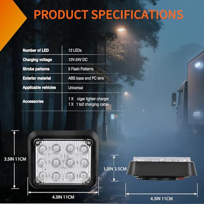 Nilight 12LED Magnetic Wireless Trailer Lights 2PCS Rechargeable Portable Hazard Beacon Warning Light White Emergency Strobe Light for Trucks Trailers Vehicles Cars Bus Surface Mount - color: 12LED White