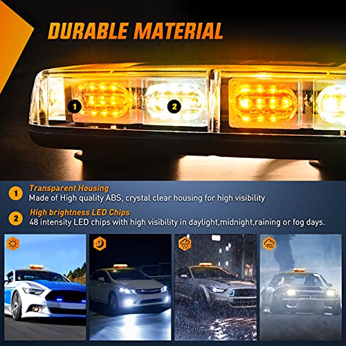 Nilight 2PCS 12 Inch Roof Top Strobe Lights 48LED Hazard Light Emergency Safety Warning LED Flashing Bar Magnetic Mount 12V 24V for Cars Trucks Snow Plows Construction Vehicles - color: Amber Mix White 2Pcs