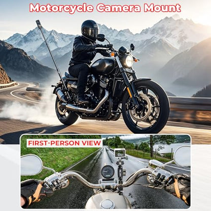 VAZESWIN Aluminum Alloy Motorcycle Camera Mount Kit for GoPro Insta360 DJI, 360° Rotating Heavy-Duty Bike Handlebar Anti-Theft Clamp Mount with Extendable Selfie Stick for Motorcycle Bike ATV UTV