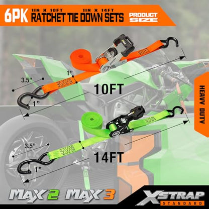 XSTRAP STANDARD 6-PK Ratchet Tie Down Straps, Heavy Duty Motorcycle Straps | 1 Inch 4 x 14ft & 2 x 10ft Tie-down, 3300 lbs Break Strength Cargo Straps with Coated S-Hooks for Moving, Truck, UTV, Trailer