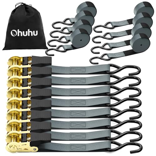 Ohuhu Ratchet Tie Down Strap 15 Ft - 500 lbs Load Cap with 1500 lbs Breaking Limit, Ratchet Tie Downs Logistic Cargo Straps for Moving Appliances, Motorcycle (Grey, 8-Pack) - color: Grey, size: 8-Pack