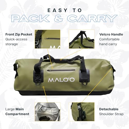 Malo’o Waterproof Dry Duffel, Heavy-Duty Roll Top Waterproof Gear Bag with Shoulder Strap & Molle Loops, Marine Duffel for Kayaking, Boating, Camping, Beach & Travel, Dark Green, 100L - color: Dark Green, size: 100L