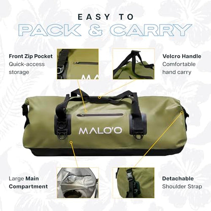 Malo’o Waterproof Dry Duffel, Heavy-Duty Roll Top Waterproof Gear Bag with Shoulder Strap & Molle Loops, Marine Duffel for Kayaking, Boating, Camping, Beach & Travel, Dark Green, 100L - color: Dark Green, size: 100L