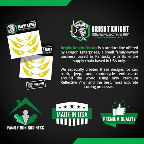Bright Knight Decals Reflective Evil Eye Stickers, 6" x 3" Yellow Evil Eye Motorcycle Decals & Graphics for Bike & Motorcycle Helmet Stickers, Made in USA, 3 Pairs - color: Yellow