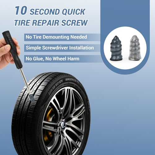 60 Pcs Tire Repair Screws with Screwdriver, Screw in Tire Plugs, Tire Patch Kit, Self-Service Rubber Nail Kit for Vacuum Tires of Cars, Motorcycles